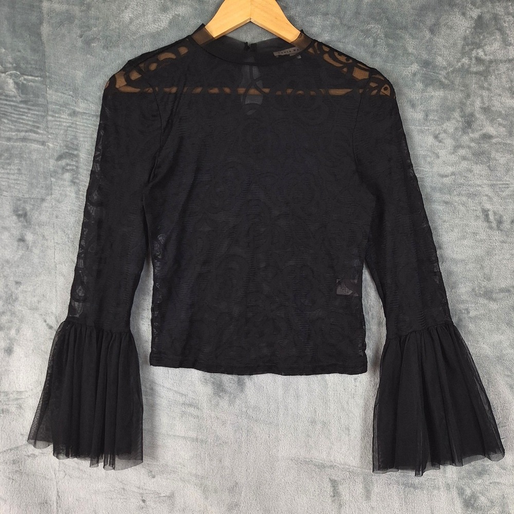 Womens Top Medium Black Whimsigoth Sheer Mesh Floral Fairy Grunge Goth Mock Neck